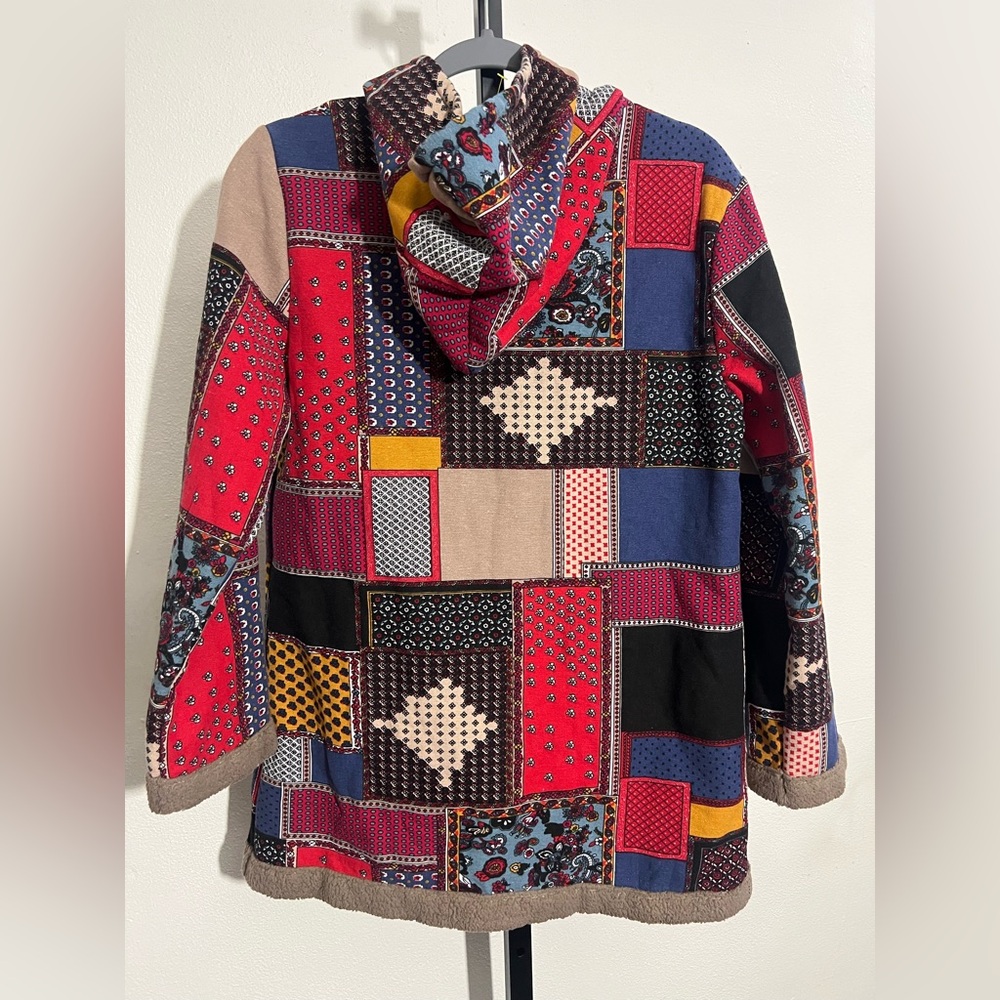 Patchwork Pattern Hooded Jacket Open Front Button… - image 2